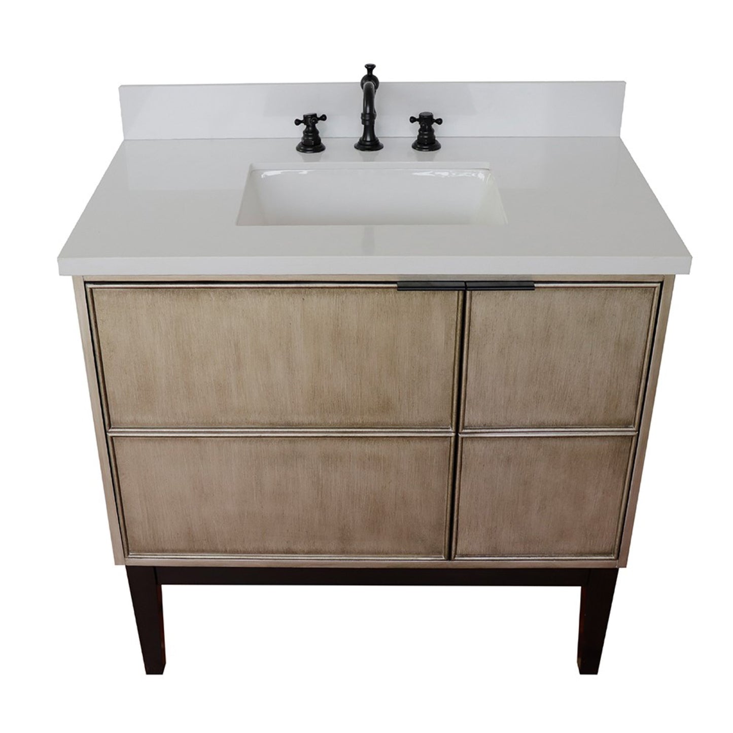 37" Single vanity in Linen Brown finish with White engineered stone top and rectangle sink