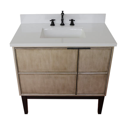 37" Single vanity in Linen Brown finish with White engineered stone top and rectangle sink
