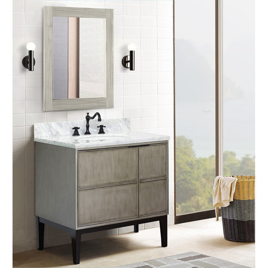 37" Single vanity in Linen Brown finish with White Carrara top and oval sink