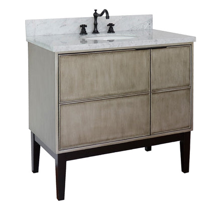 37" Single vanity in Linen Brown finish with White Carrara top and oval sink