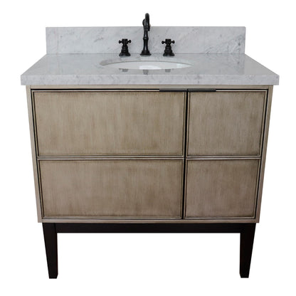 37" Single vanity in Linen Brown finish with White Carrara top and oval sink