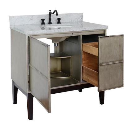 37" Single vanity in Linen Brown finish with White Carrara top and oval sink