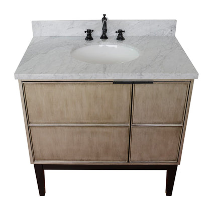 37" Single vanity in Linen Brown finish with White Carrara top and oval sink