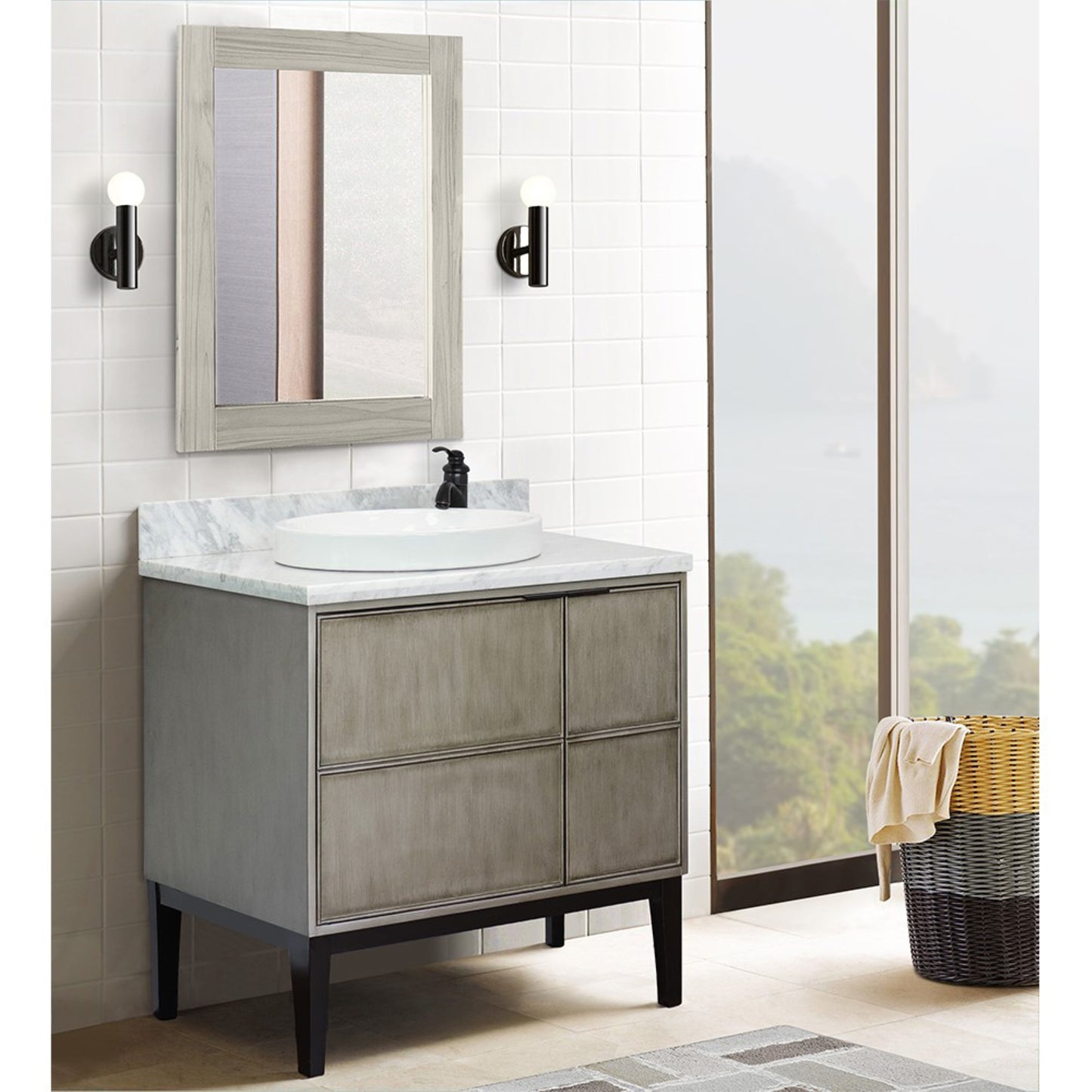 37" Single vanity in Linen Brown finish with White Carrara top and round sink