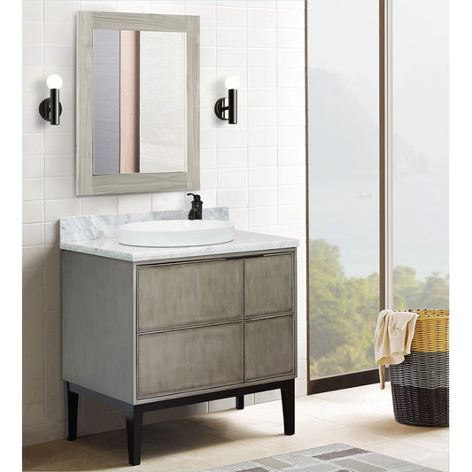 37" Single vanity in Linen Brown finish with White Carrara top and round sink