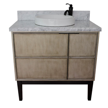 37" Single vanity in Linen Brown finish with White Carrara top and round sink
