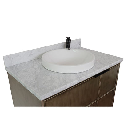 37" Single vanity in Linen Brown finish with White Carrara top and round sink
