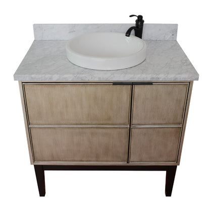 37" Single vanity in Linen Brown finish with White Carrara top and round sink