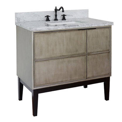 37" Single vanity in Linen Brown finish with White Carrara top and rectangle sink