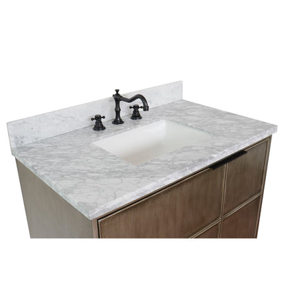 37" Single vanity in Linen Brown finish with White Carrara top and rectangle sink