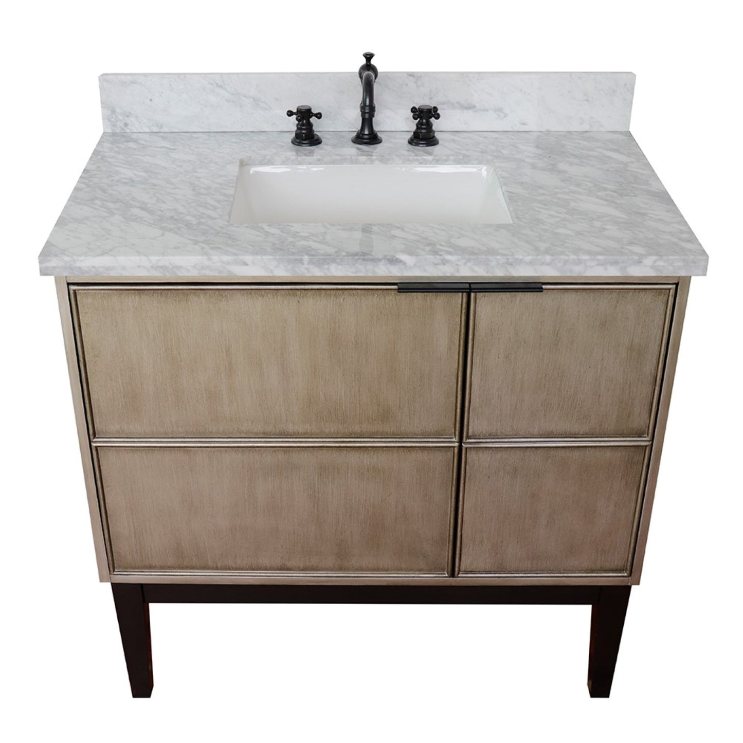 37" Single vanity in Linen Brown finish with White Carrara top and rectangle sink