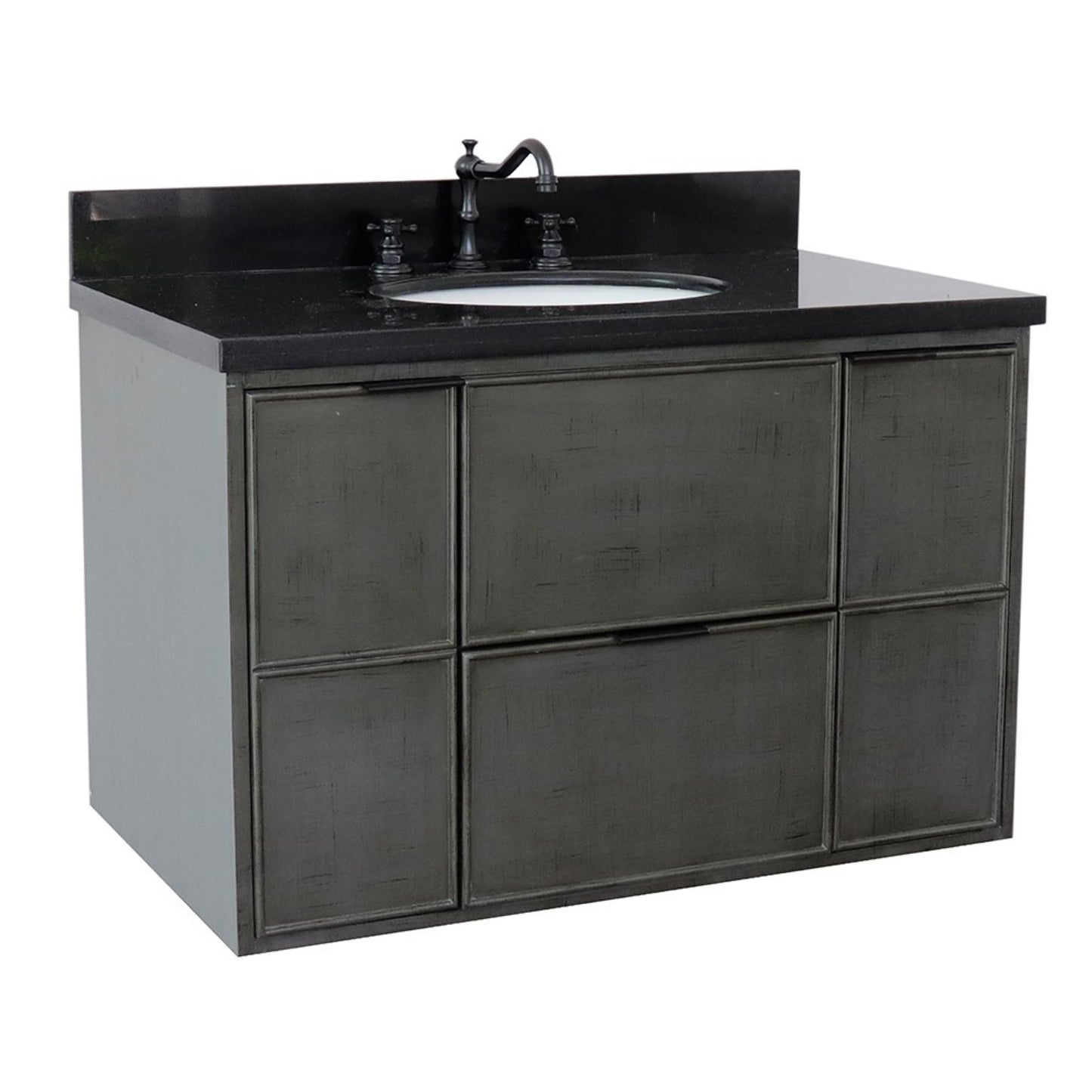 37" Single wall mount vanity in Linen Gray finish with Black Galaxy top and oval sink