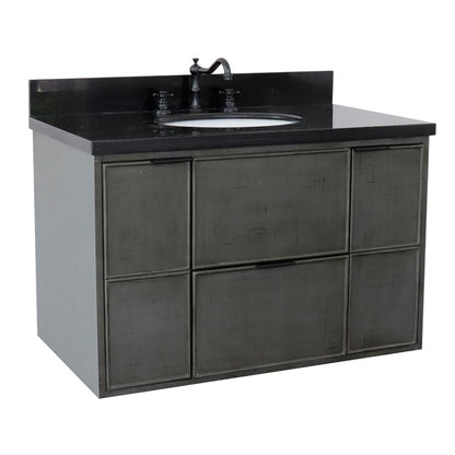 37" Single wall mount vanity in Linen Gray finish with Black Galaxy top and oval sink