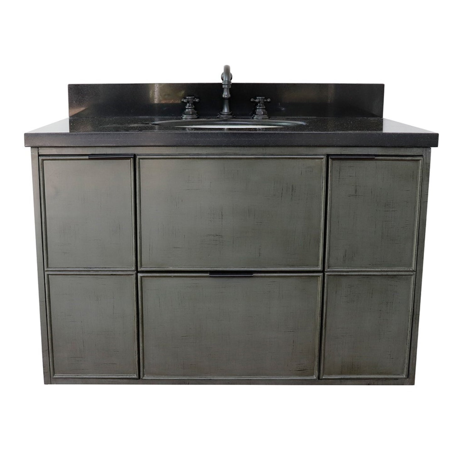 37" Single wall mount vanity in Linen Gray finish with Black Galaxy top and oval sink