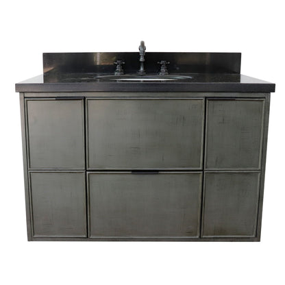 37" Single wall mount vanity in Linen Gray finish with Black Galaxy top and oval sink