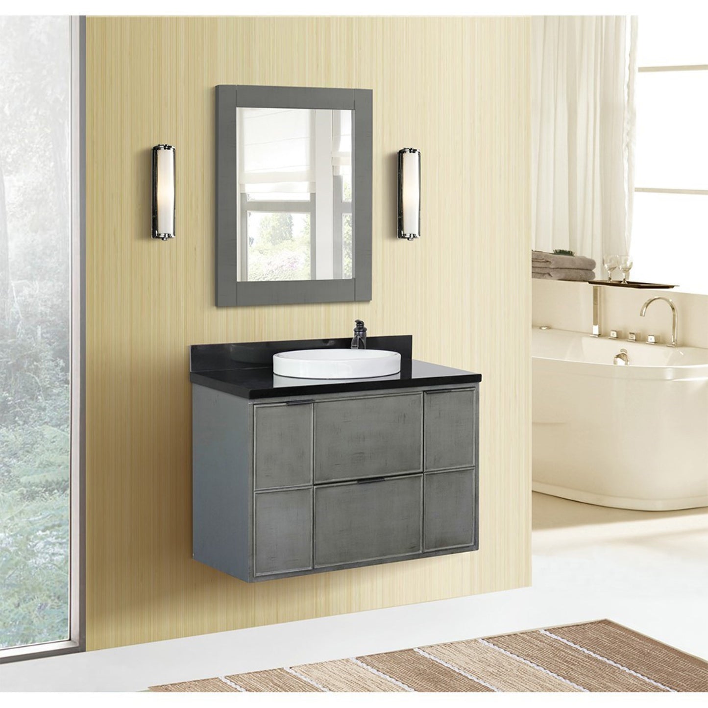 37" Single wall mount vanity in Linen Gray finish with Black Galaxy top and round sink