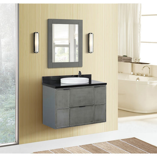 37" Single wall mount vanity in Linen Gray finish with Black Galaxy top and round sink