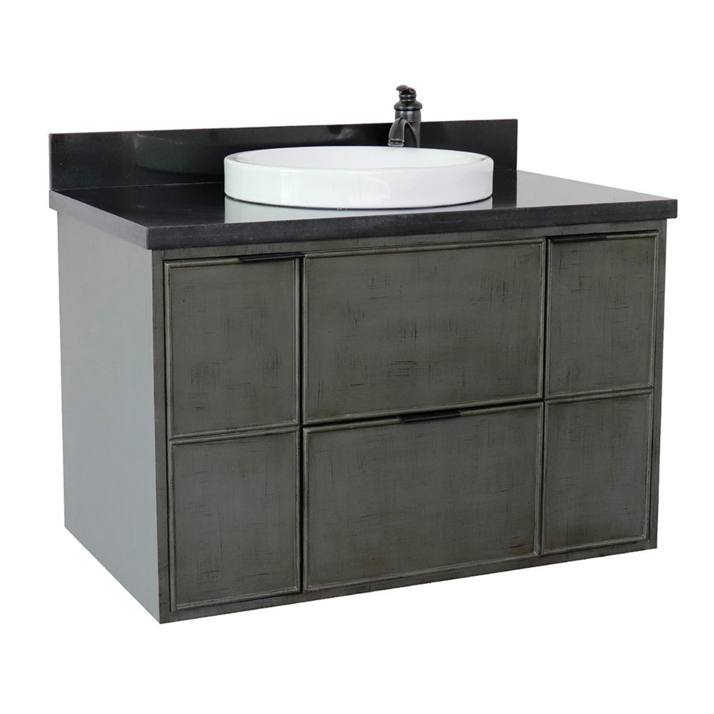 37" Single wall mount vanity in Linen Gray finish with Black Galaxy top and round sink