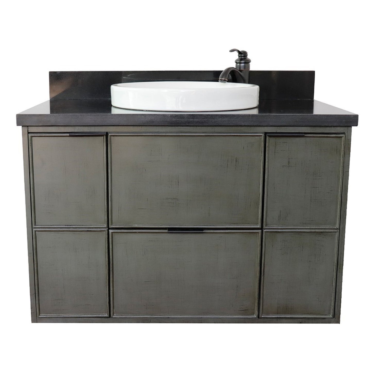 37" Single wall mount vanity in Linen Gray finish with Black Galaxy top and round sink