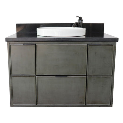 37" Single wall mount vanity in Linen Gray finish with Black Galaxy top and round sink