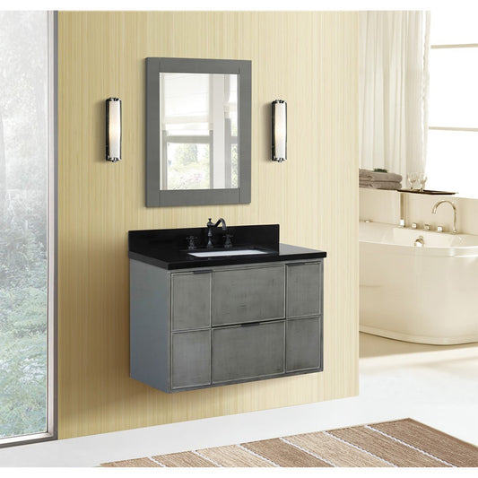 37" Single wall mount vanity in Linen Gray finish with Black Galaxy top and rectangle sink