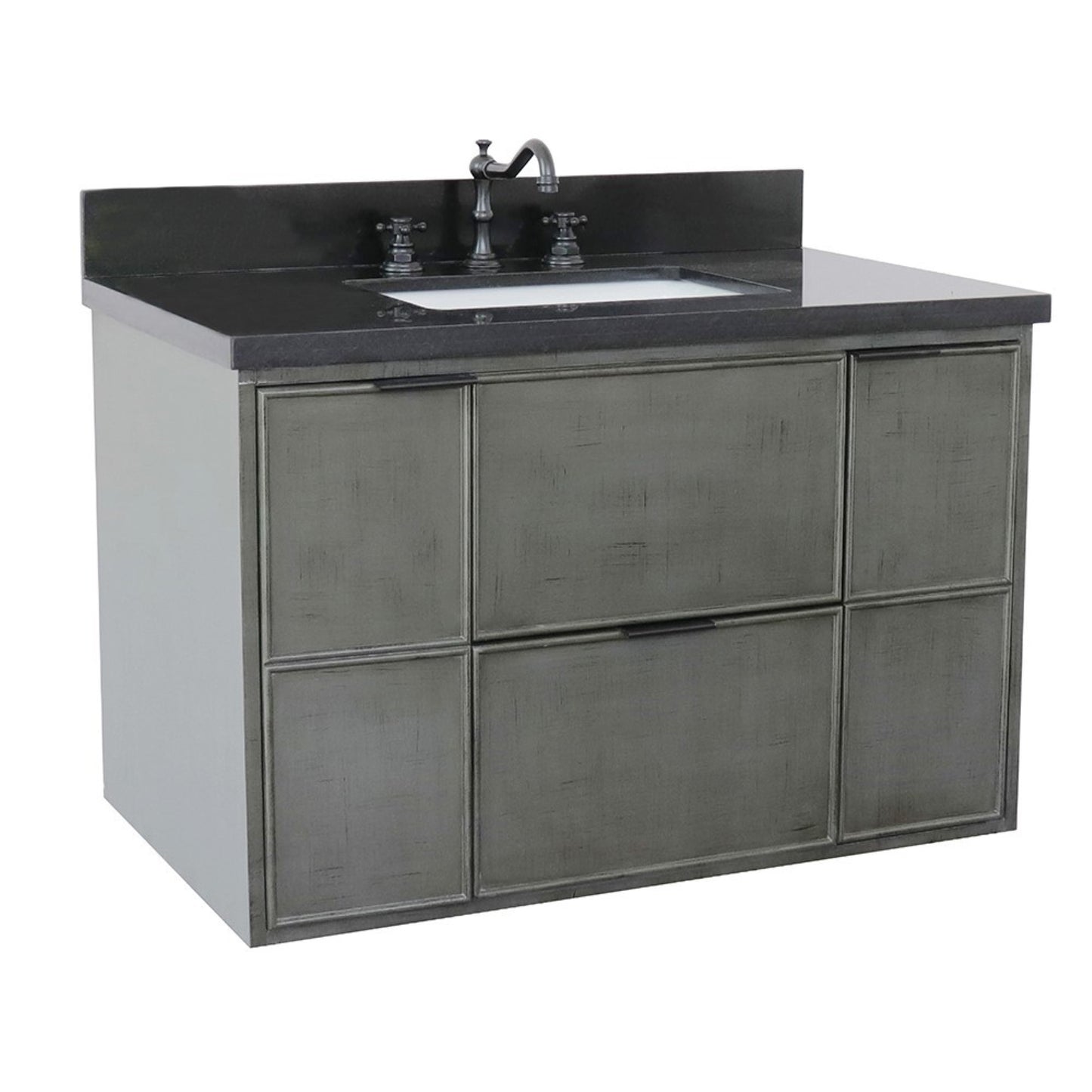 37" Single wall mount vanity in Linen Gray finish with Black Galaxy top and rectangle sink