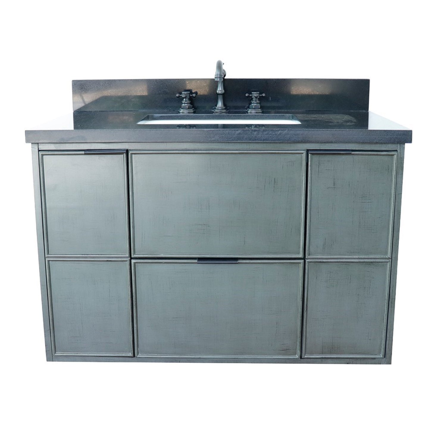 37" Single wall mount vanity in Linen Gray finish with Black Galaxy top and rectangle sink