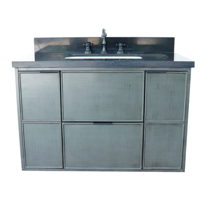 37" Single wall mount vanity in Linen Gray finish with Black Galaxy top and rectangle sink