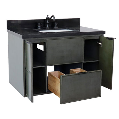 37" Single wall mount vanity in Linen Gray finish with Black Galaxy top and rectangle sink