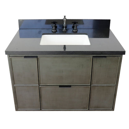 37" Single wall mount vanity in Linen Gray finish with Black Galaxy top and rectangle sink
