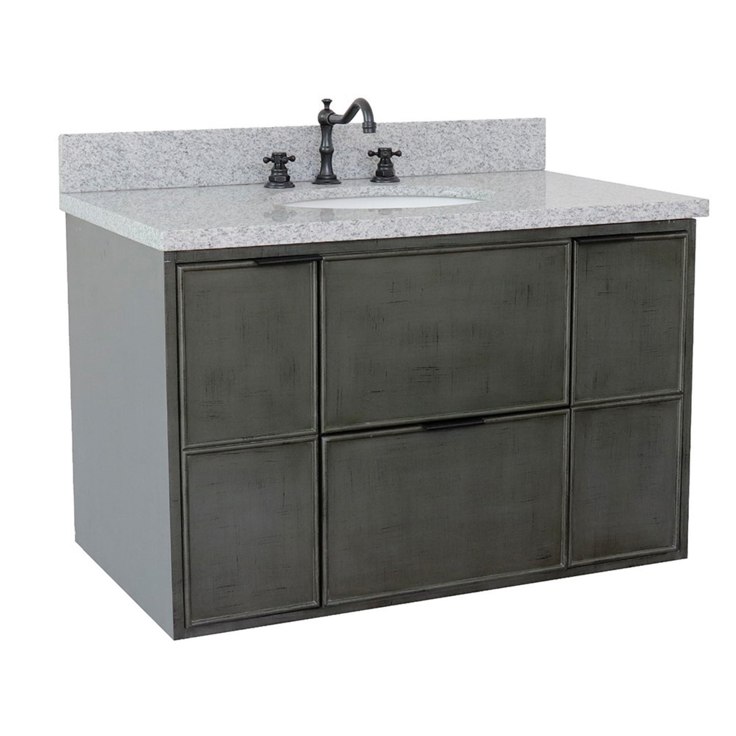 37" Single wall mount vanity in Linen Gray finish with Gray granite top and oval sink