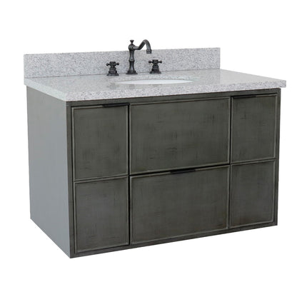 37" Single wall mount vanity in Linen Gray finish with Gray granite top and oval sink