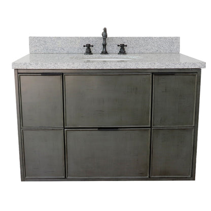 37" Single wall mount vanity in Linen Gray finish with Gray granite top and oval sink