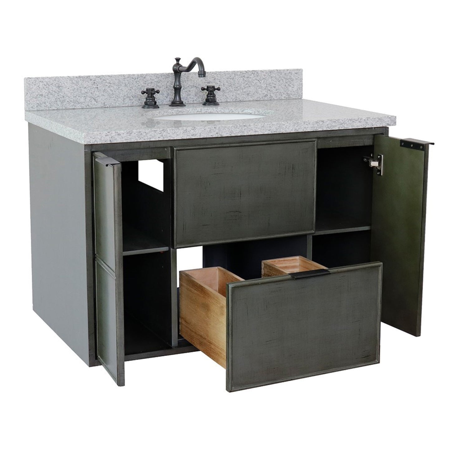 37" Single wall mount vanity in Linen Gray finish with Gray granite top and oval sink