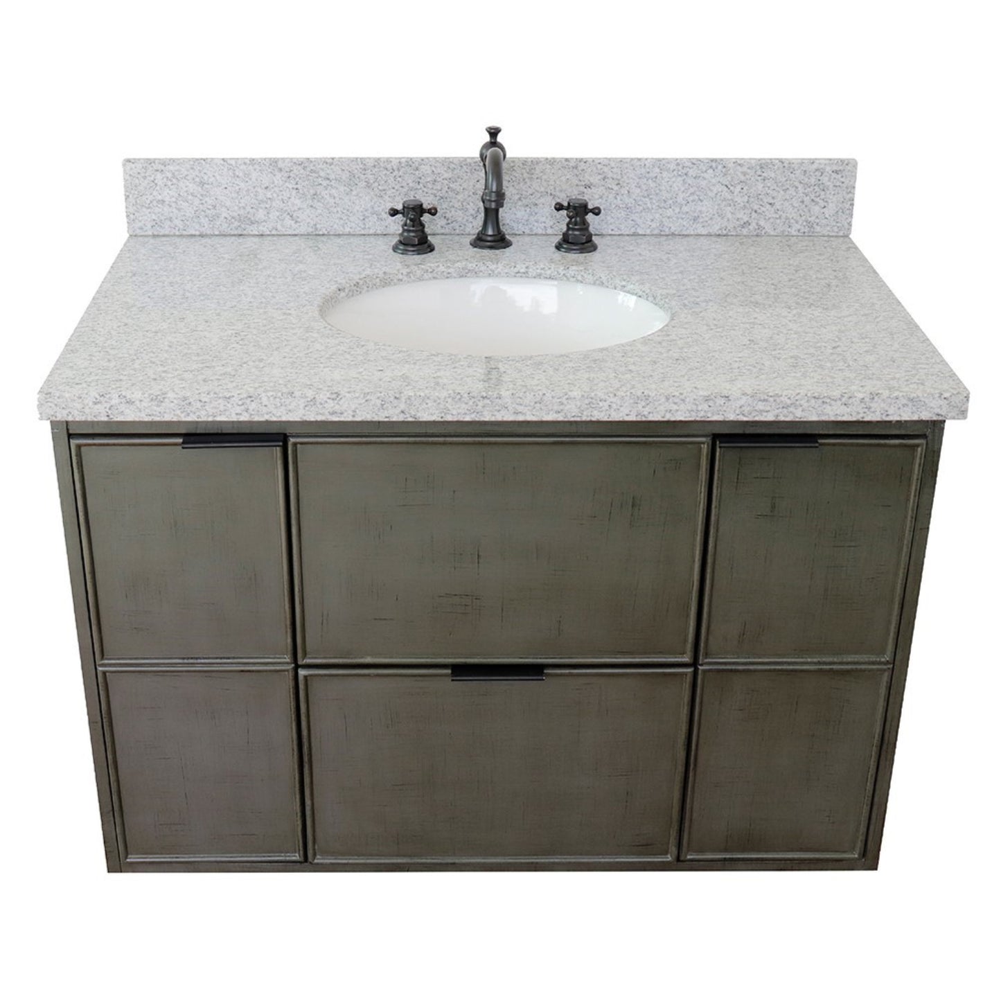 37" Single wall mount vanity in Linen Gray finish with Gray granite top and oval sink