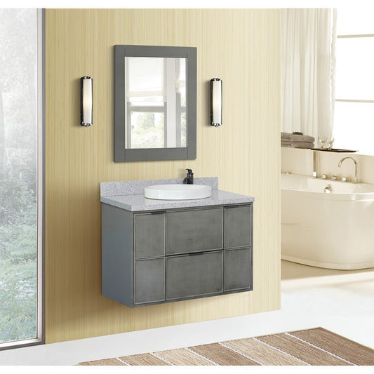 37" Single wall mount vanity in Linen Gray finish with Gray granite top and round sink
