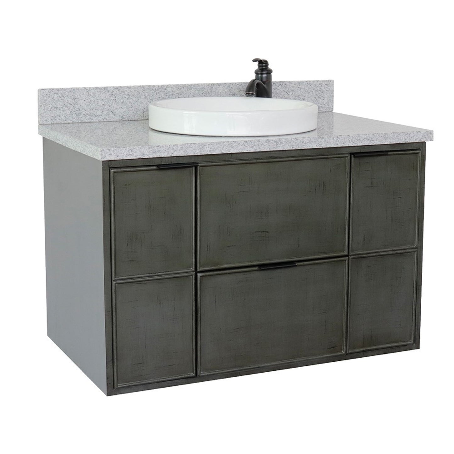 37" Single wall mount vanity in Linen Gray finish with Gray granite top and round sink