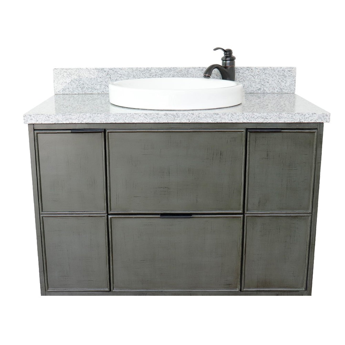 37" Single wall mount vanity in Linen Gray finish with Gray granite top and round sink