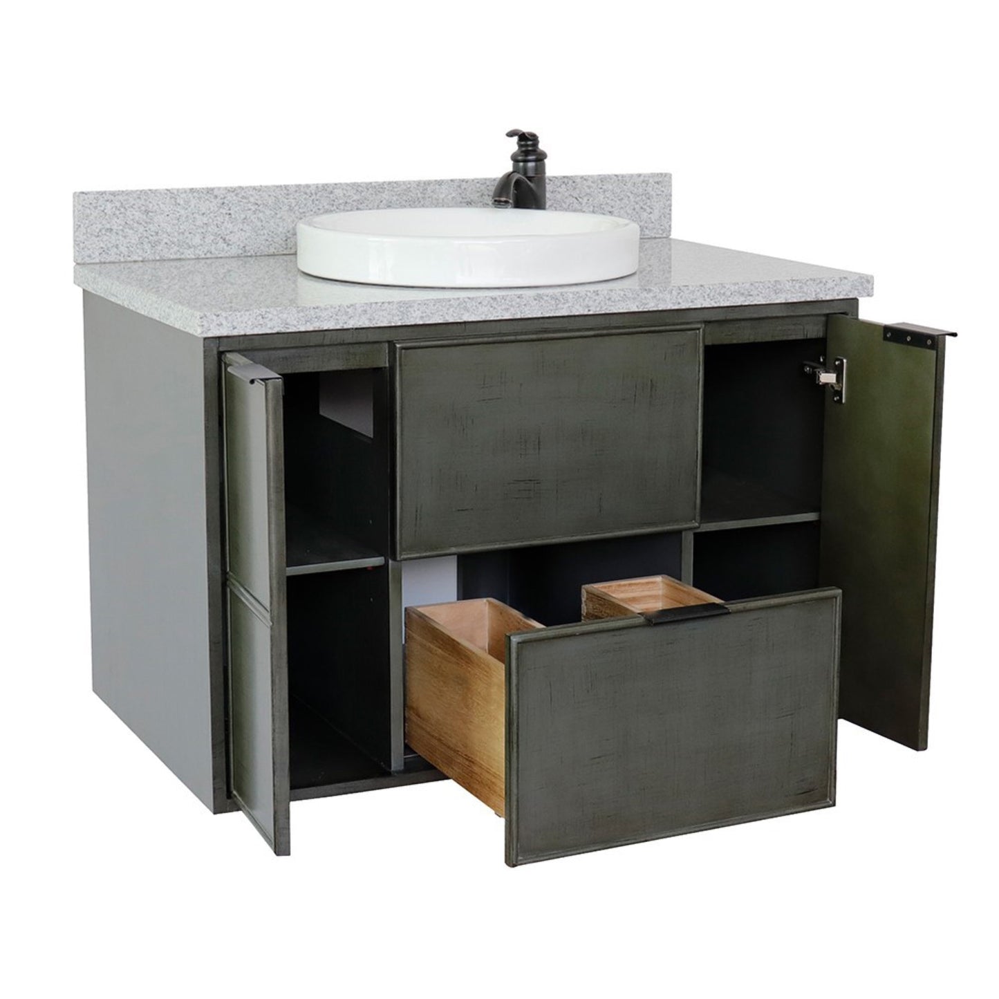 37" Single wall mount vanity in Linen Gray finish with Gray granite top and round sink