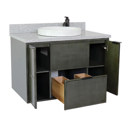 37" Single wall mount vanity in Linen Gray finish with Gray granite top and round sink