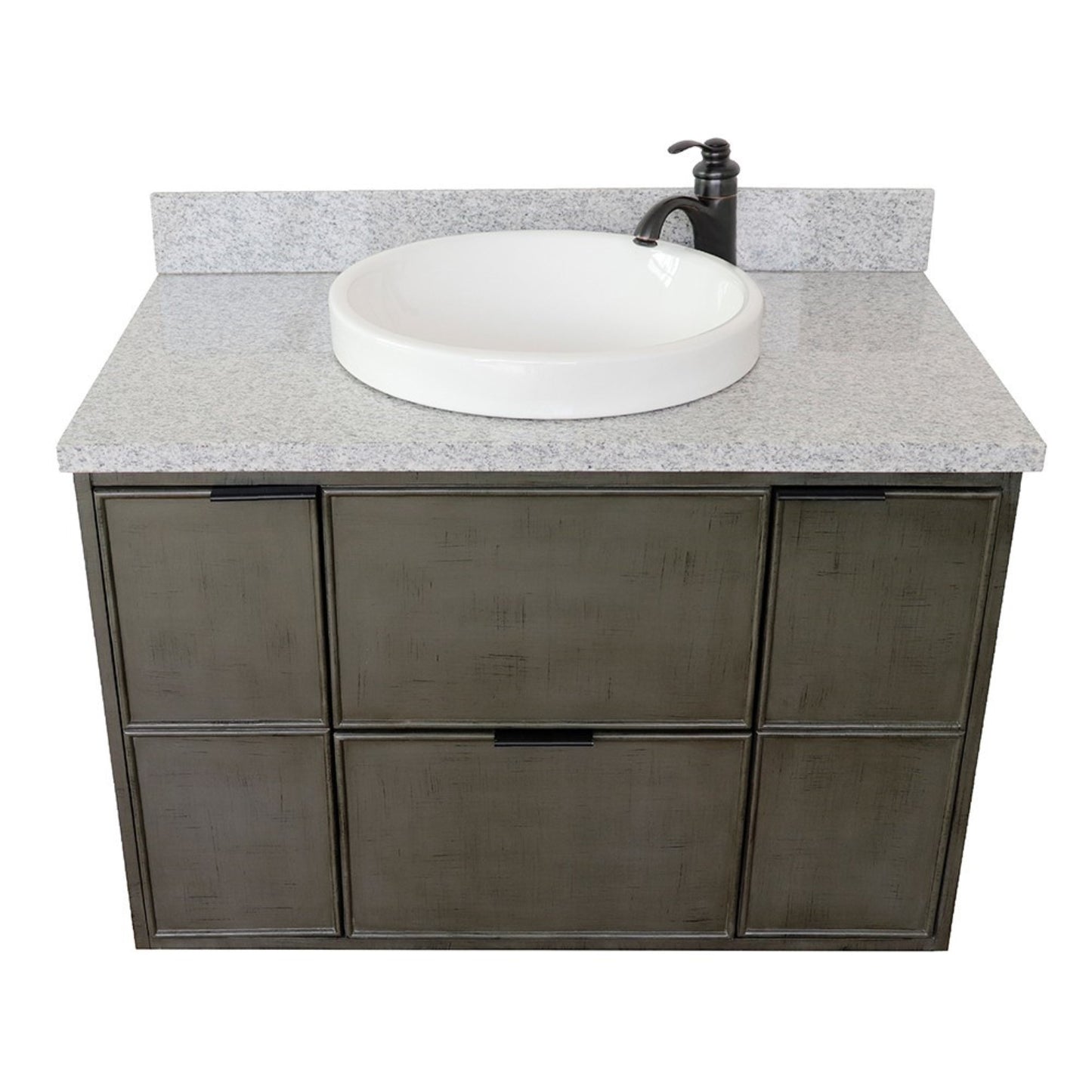 37" Single wall mount vanity in Linen Gray finish with Gray granite top and round sink