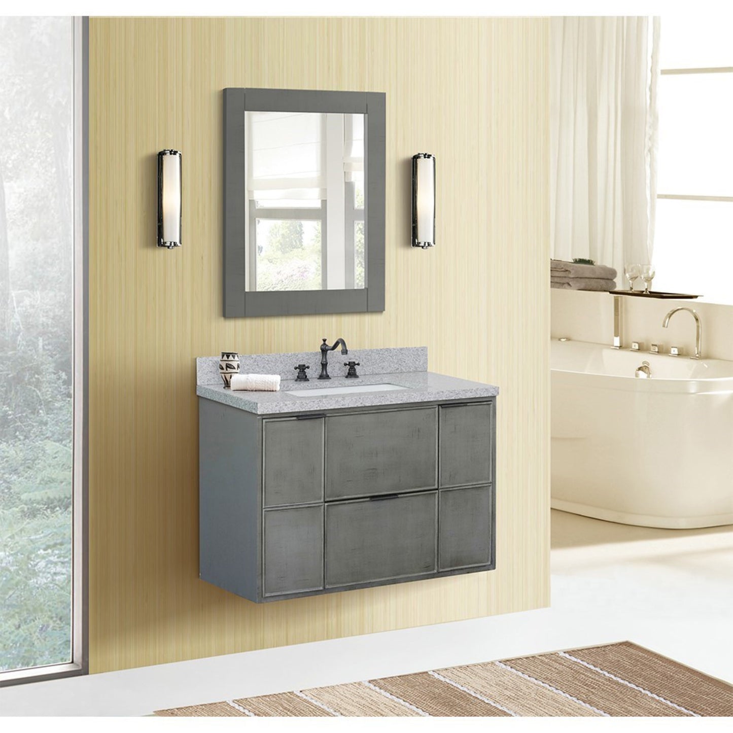 37" Single wall mount vanity in Linen Gray finish with Gray granite top and rectangle sink