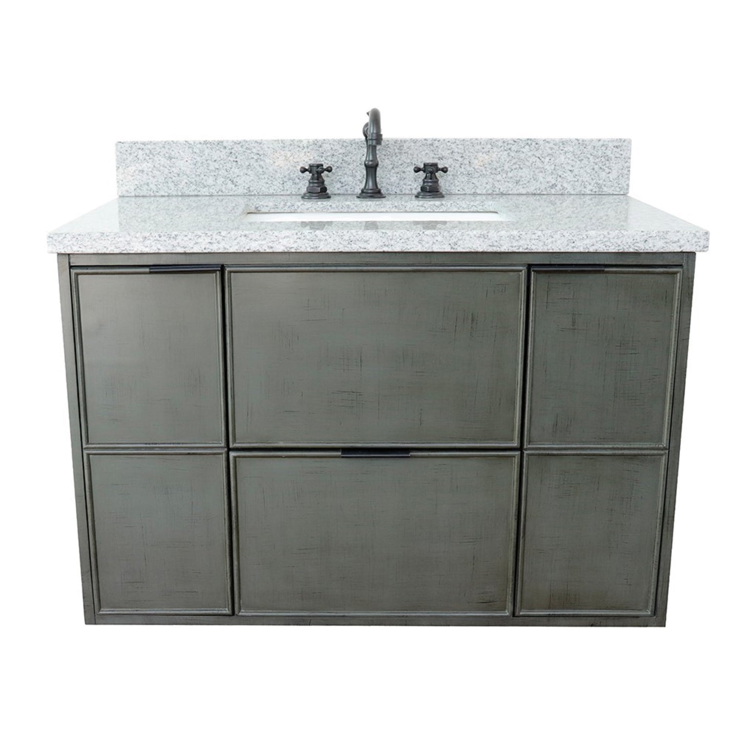 37" Single wall mount vanity in Linen Gray finish with Gray granite top and rectangle sink