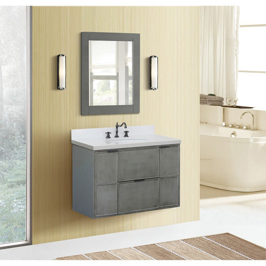 37" Single wall mount vanity in Linen Gray finish with White engineered stone top and oval sink