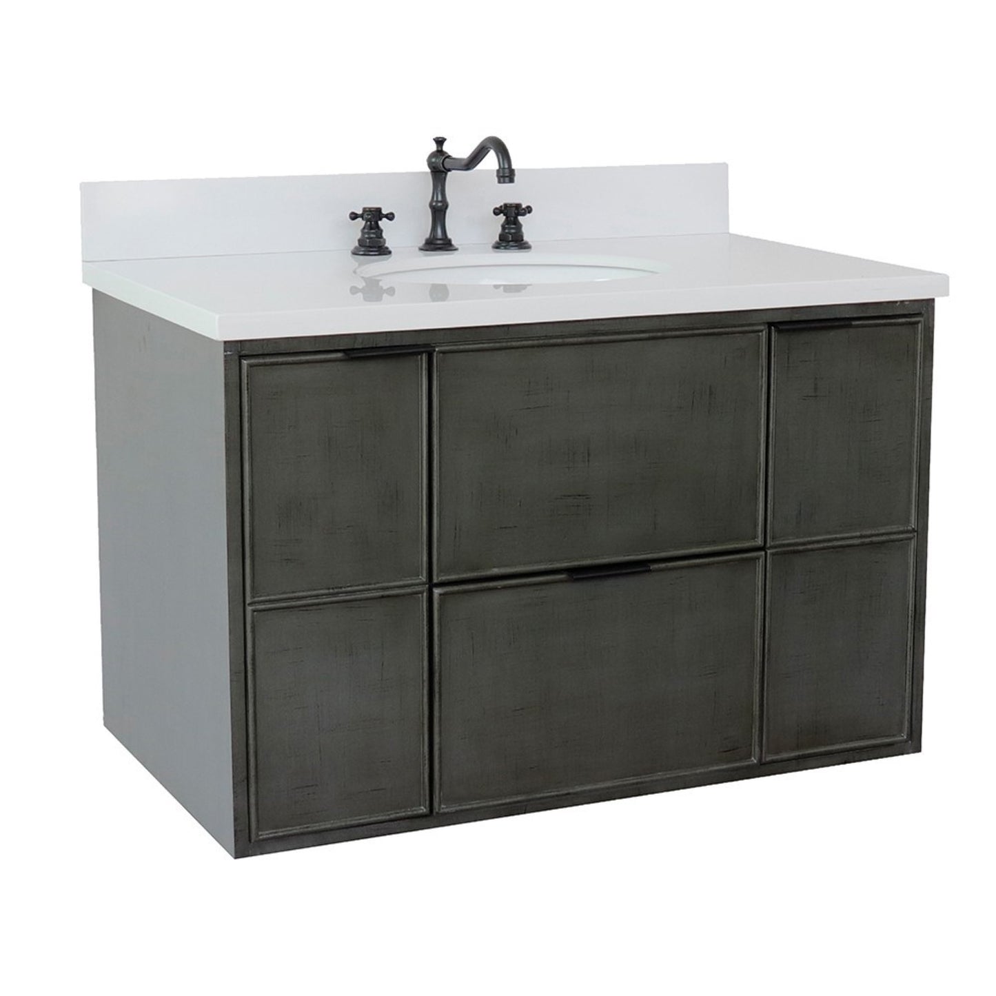 37" Single wall mount vanity in Linen Gray finish with White engineered stone top and oval sink