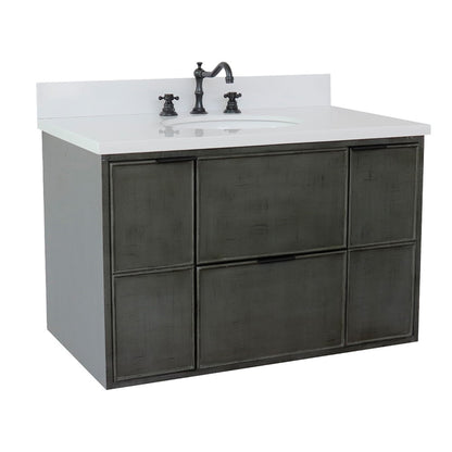 37" Single wall mount vanity in Linen Gray finish with White engineered stone top and oval sink
