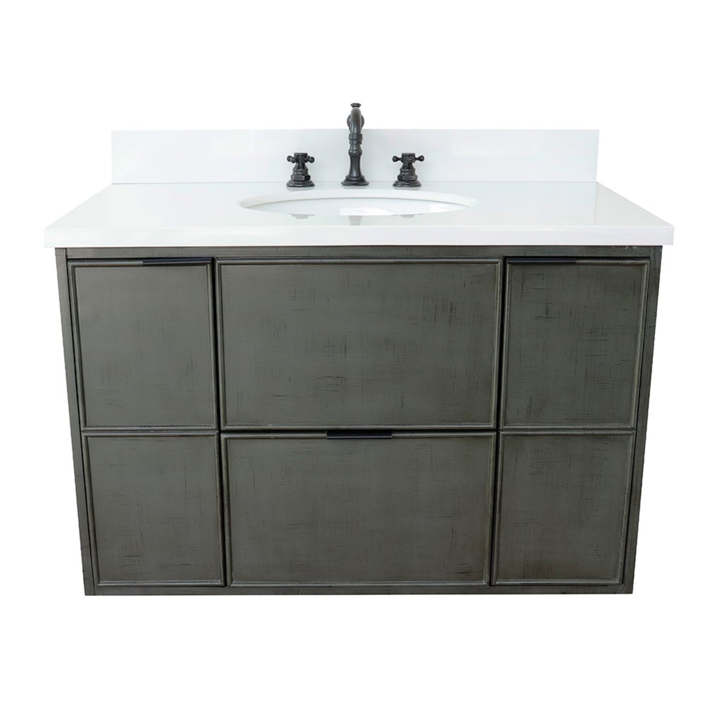 37" Single wall mount vanity in Linen Gray finish with White engineered stone top and oval sink