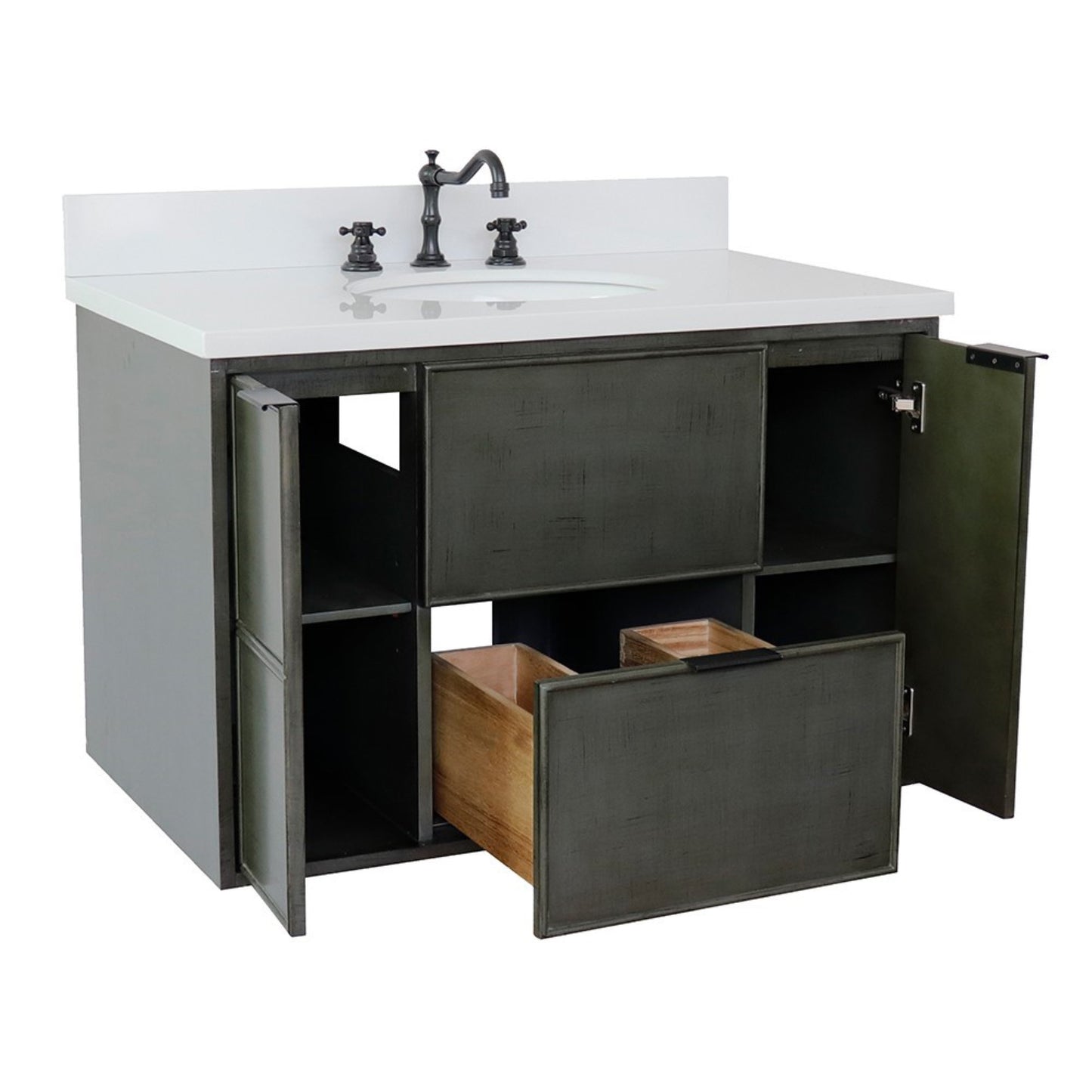 37" Single wall mount vanity in Linen Gray finish with White engineered stone top and oval sink