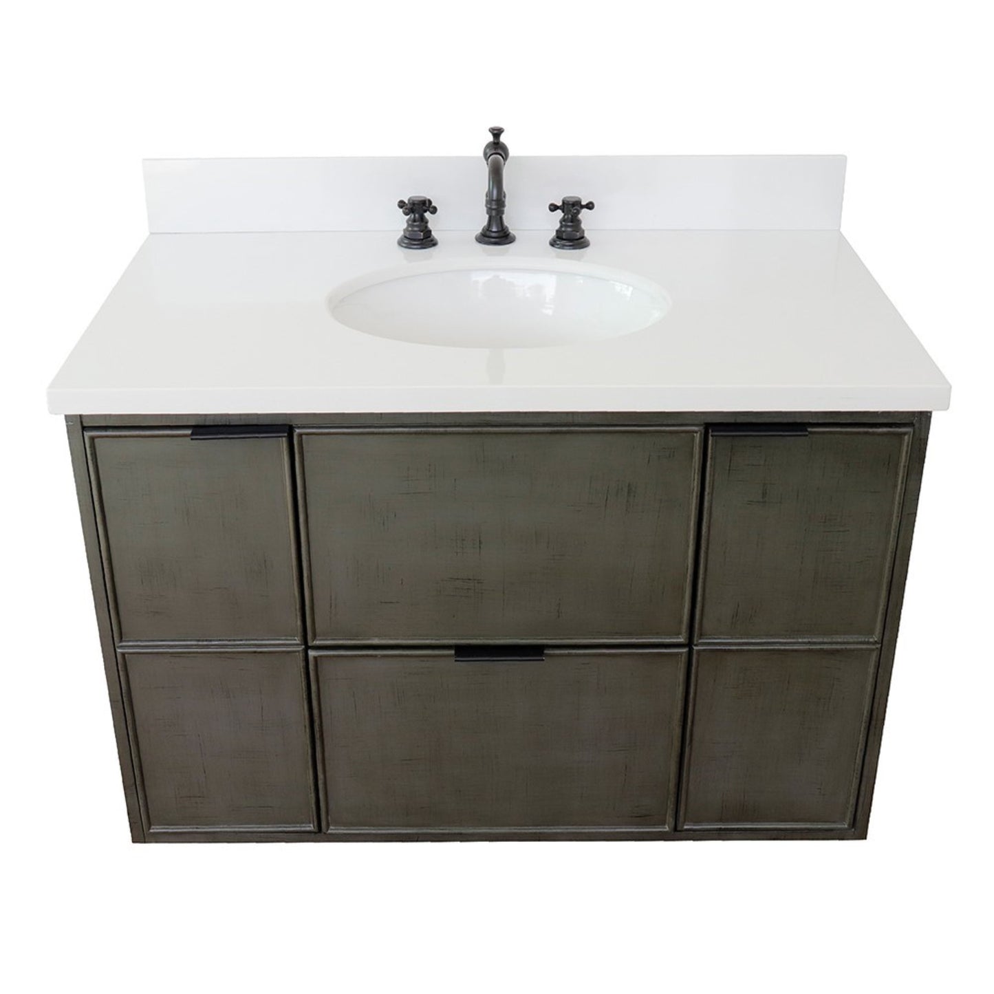 37" Single wall mount vanity in Linen Gray finish with White engineered stone top and oval sink