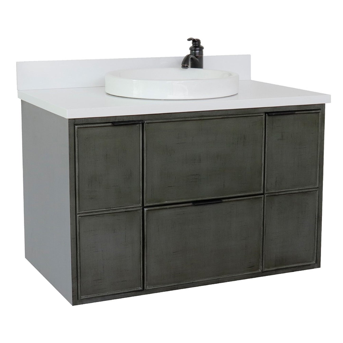 37" Single wall mount vanity in Linen Gray finish with White engineered stone top and round sink